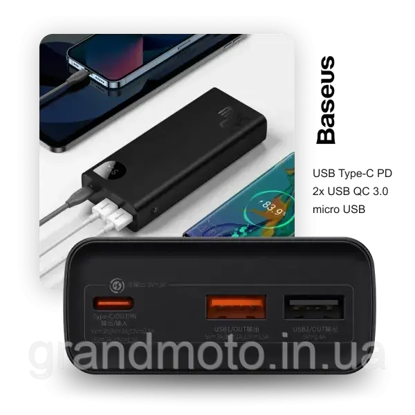 Power Bank Baseus Adaman2, 20000mAh, 30 Вт, з дисплеєм, з кабелем USB