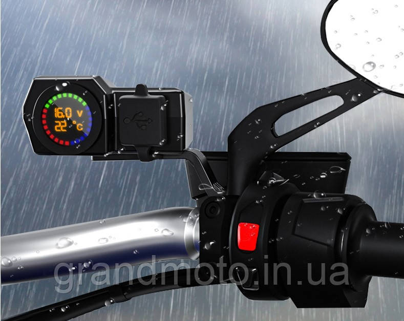 Потужна якісна 12v — Usb зарядка для мотоцикла QC3.0 3.4 A з градусником і вольтметром