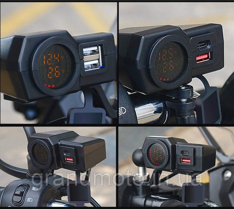 Потужна якісна 12v — Usb зарядка для мотоцикла QC3.0 3.4 A з градусником і вольтметром