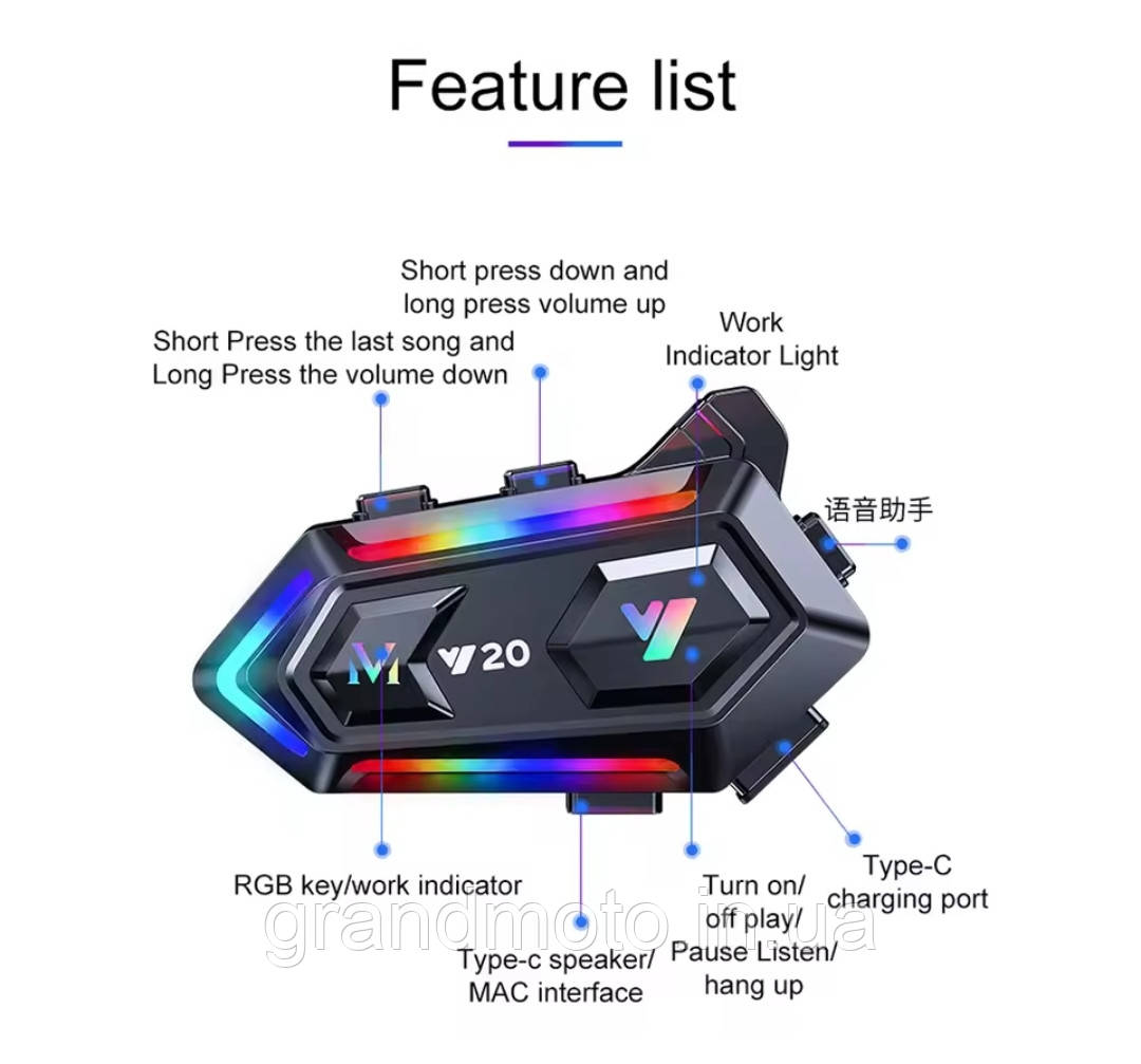 Мото Bluetooth гарнітура для шолома Y20 з RGB-підсвіткою