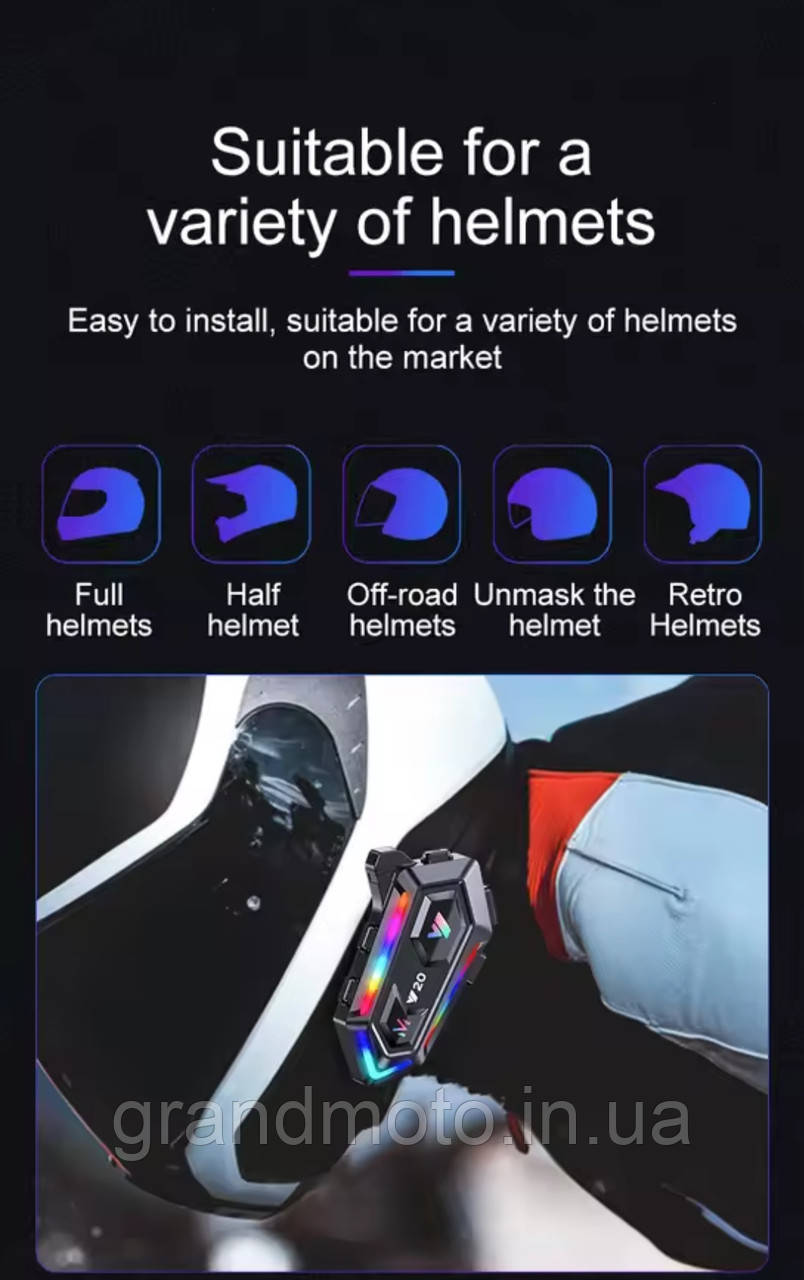 Мото Bluetooth гарнітура для шолома Y20 з RGB-підсвіткою