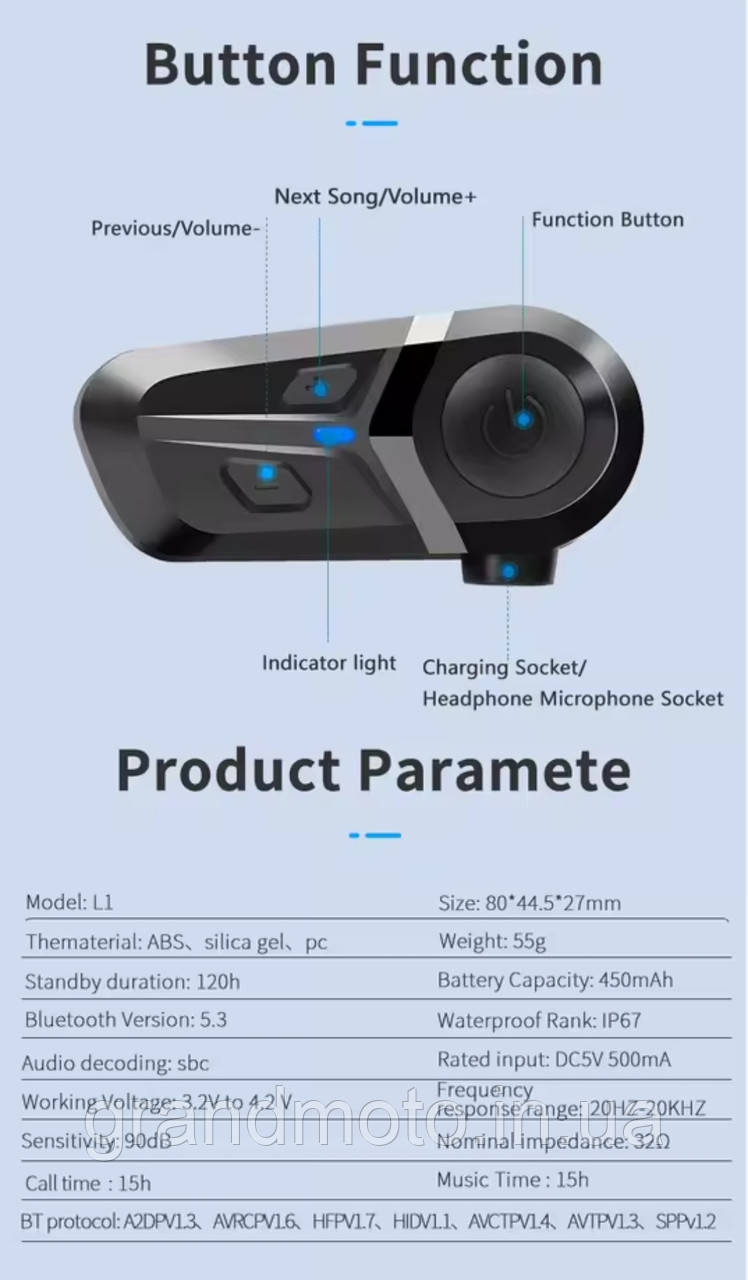 Мотогарнітура Bluetooth 5.3 L1 для шолома Водонепроникна мотогарнітура IP67 Музика, дзвінки До 154 роботи