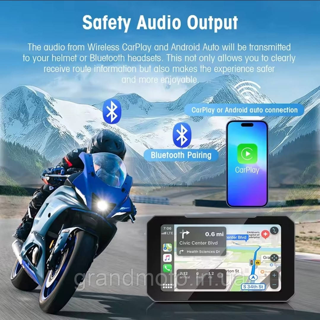 Бортовой компьютер 5-дюймовый мотоциклетный с беспроводным Apple CarPlay и Android Auto Влагозащита IP67